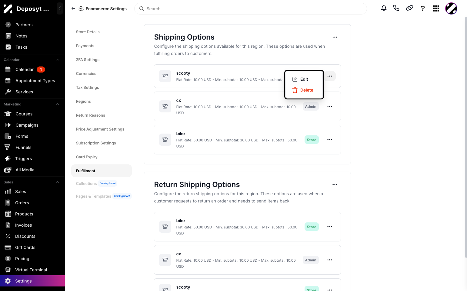 Step 6: For both the shipping option and return shipping option, you can edit or delete them by clicking the three-dot menu.