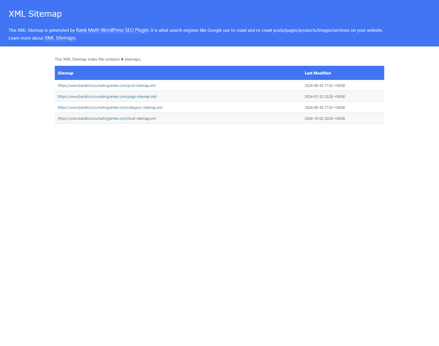 Find your website sitemap by entering the following into your browser: https://www.ADDYOURBUSINESSURLHERE.com/sitemap.xml