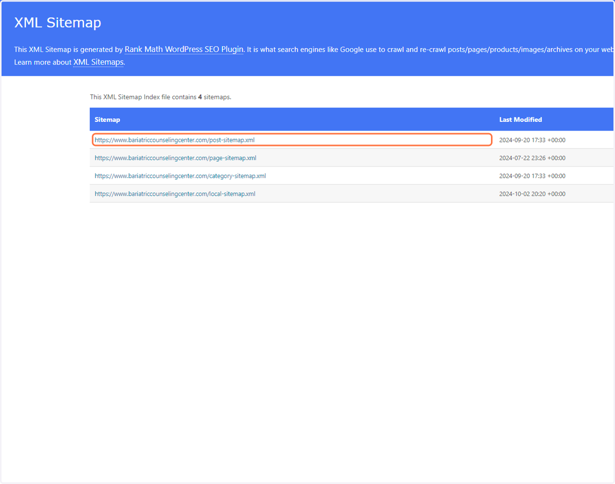 Find your website sitemap by entering the following into your browser: https://www.ADDYOURBUSINESSURLHERE.com/sitemap.xml