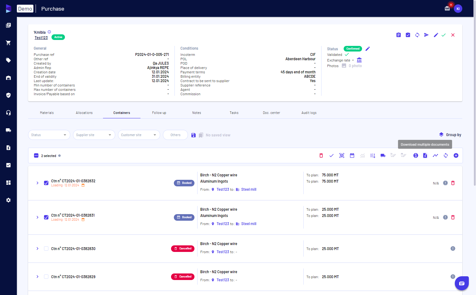 Select the containers and click on 'download multiple documents'