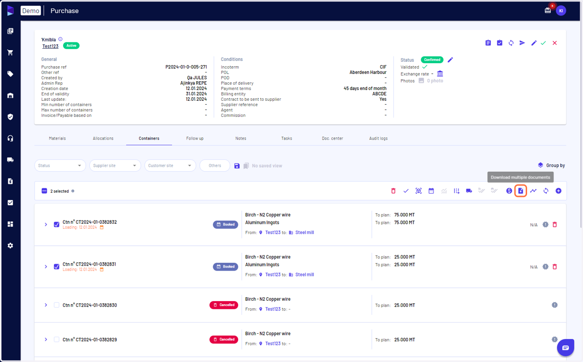 Select the containers and click on 'download multiple documents'