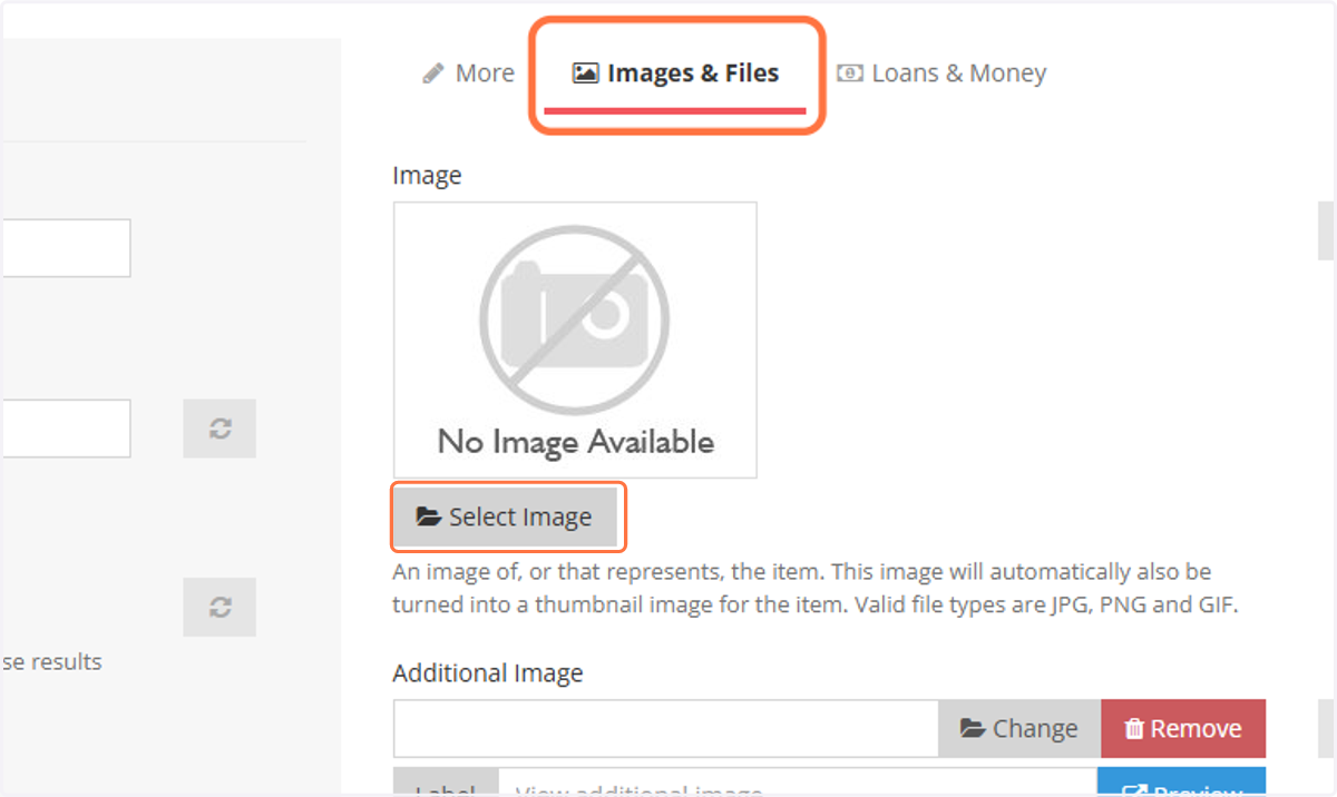 Click the 'Images & Files' tab and 'Select image' to upload the photo of the item