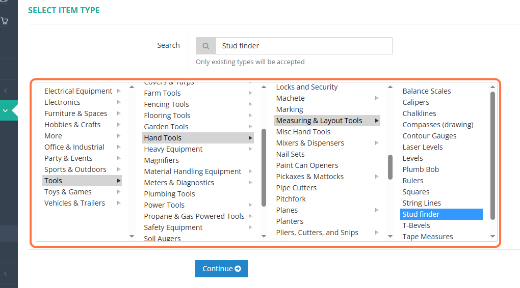 Alternatively, browse through existing categories to find the item type you want