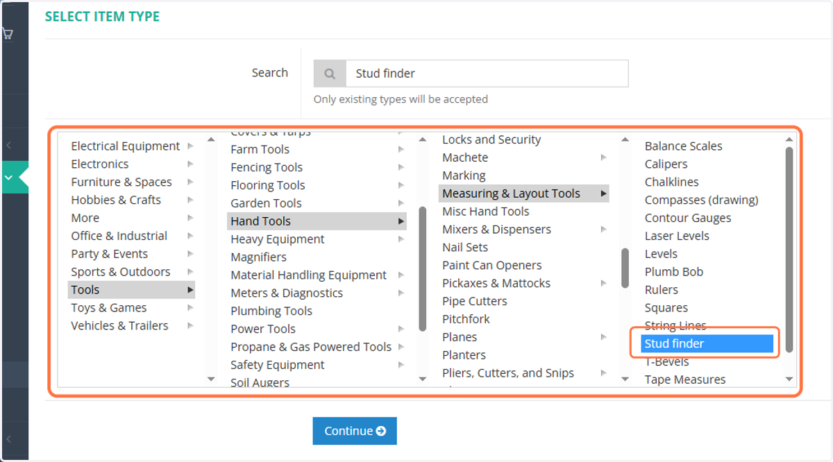 Alternatively, browse through existing categories to find the item type you want