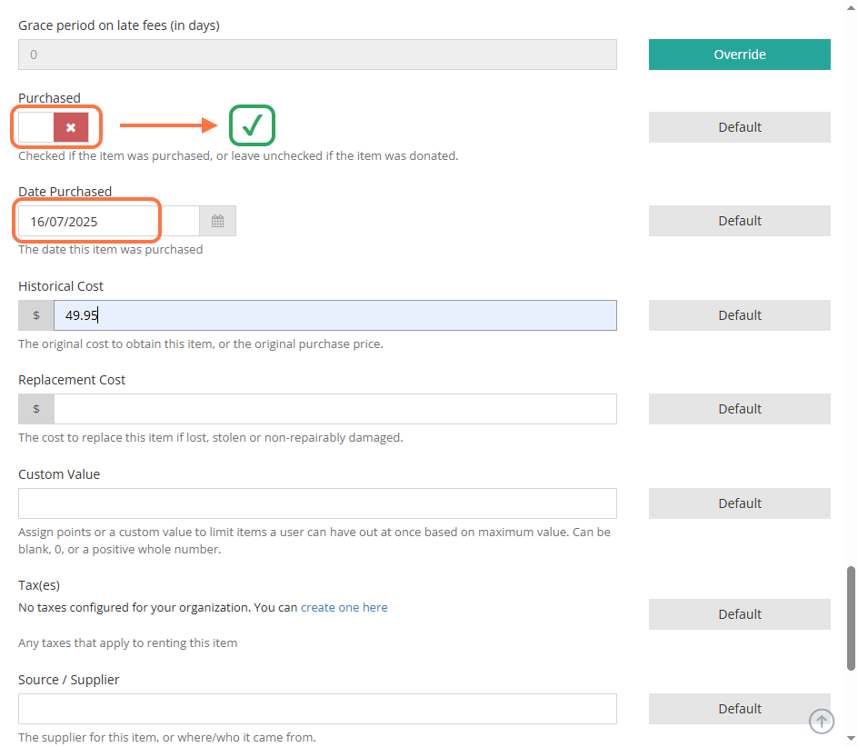 Scroll down to the 'Historical Cost' field