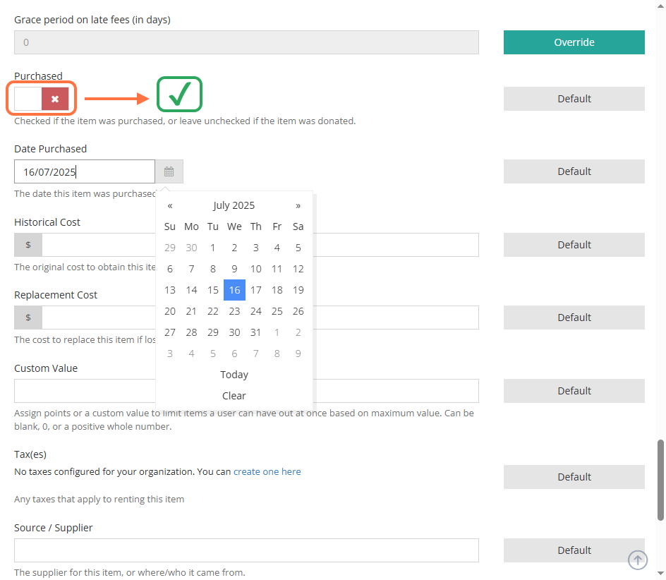 If the item was purchased, select the Purchased field