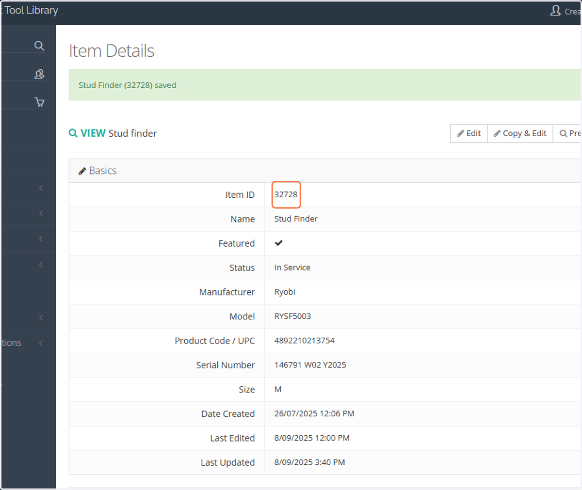The Item ID will be automatically generated