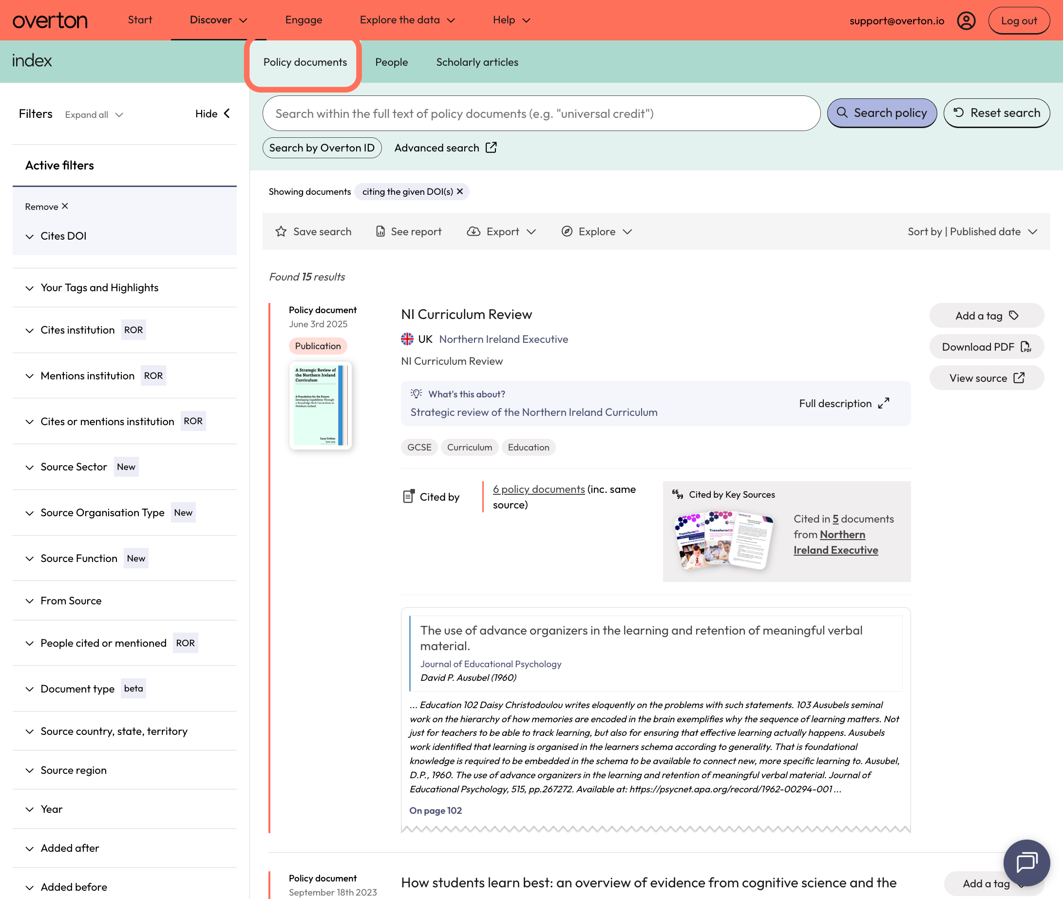 You will be taken to the 'Search Policy Documents' search where you can view the policy documents which cited your publication. Use the grey action bar above the results to save your search, see a summary report or export your search results.