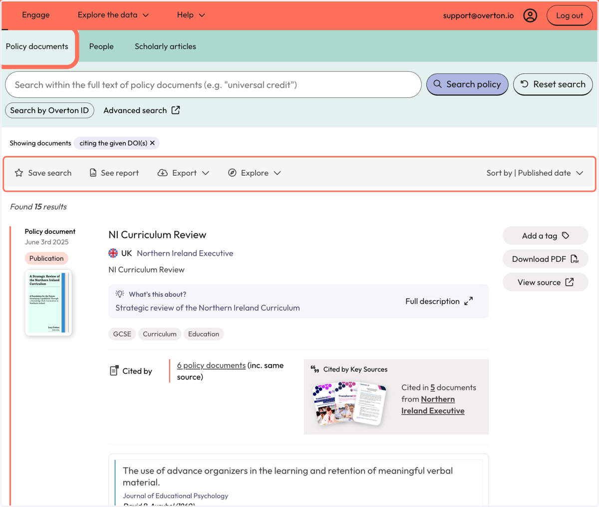 You will be taken to the 'Search Policy Documents' search where you can view the policy documents which cited your publication. Use the grey action bar above the results to save your search, see a summary report or export your search results.