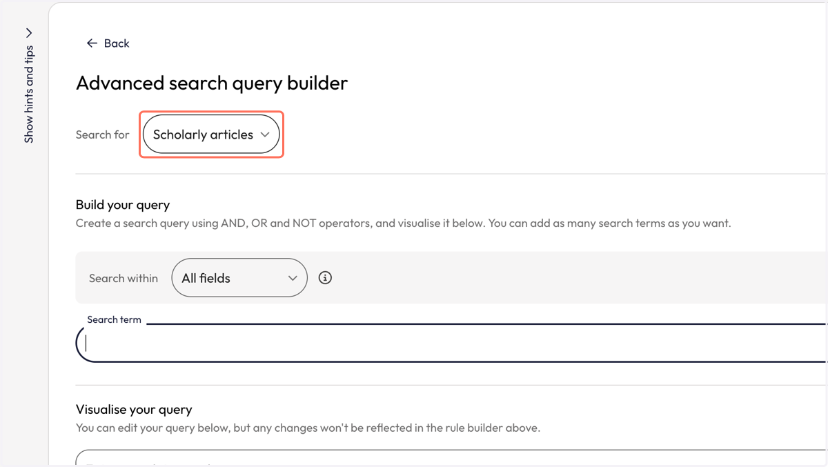 Select 'Scholarly articles' from the 'Search for' dropdown at the top