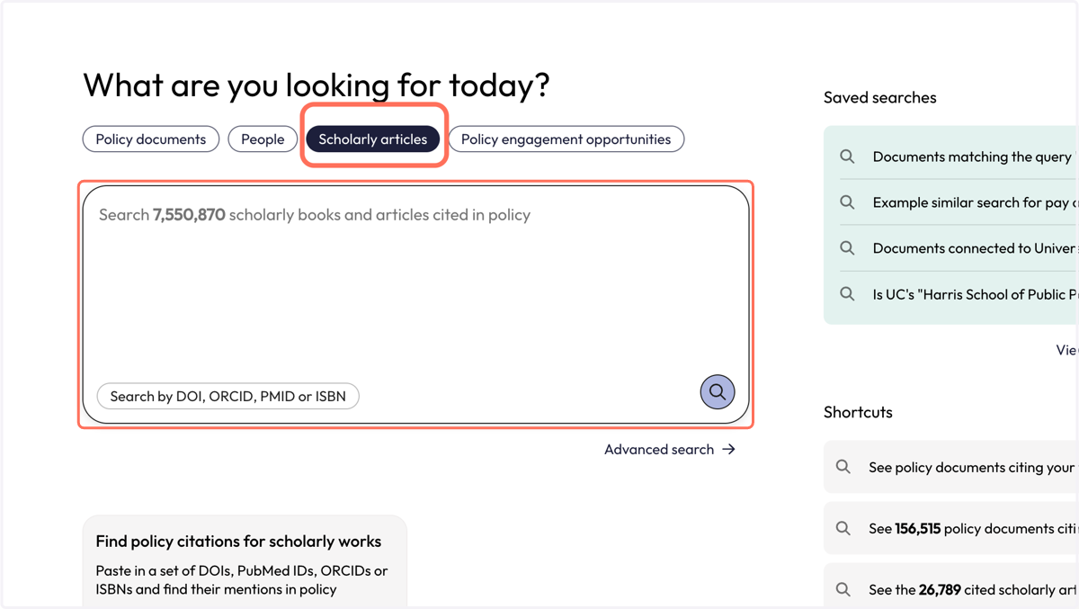 Option 1: From the Start page, click on 'Scholarly articles'