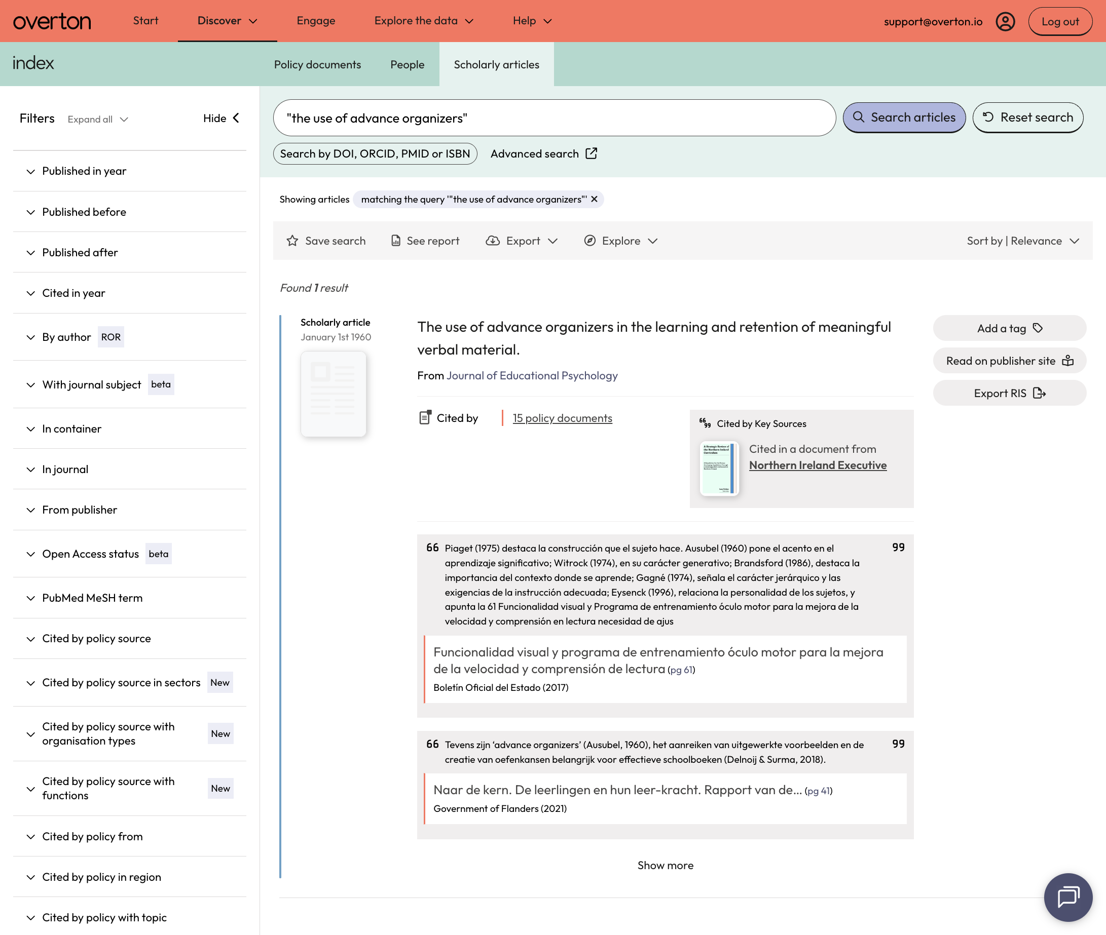 The 'Cited by' note under the publication information shows how many policy documents have cited the publication. In this case, 15. Click on "15 policy documents" to immediately view the citing policy documents.