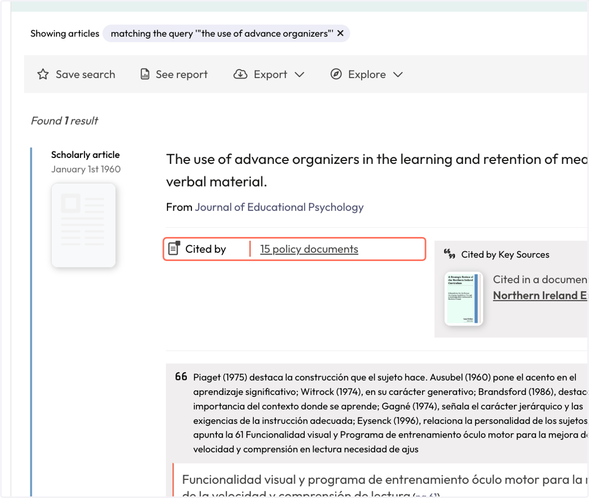 The 'Cited by' note under the publication information shows how many policy documents have cited the publication. In this case, 15. Click on "15 policy documents" to immediately view the citing policy documents.