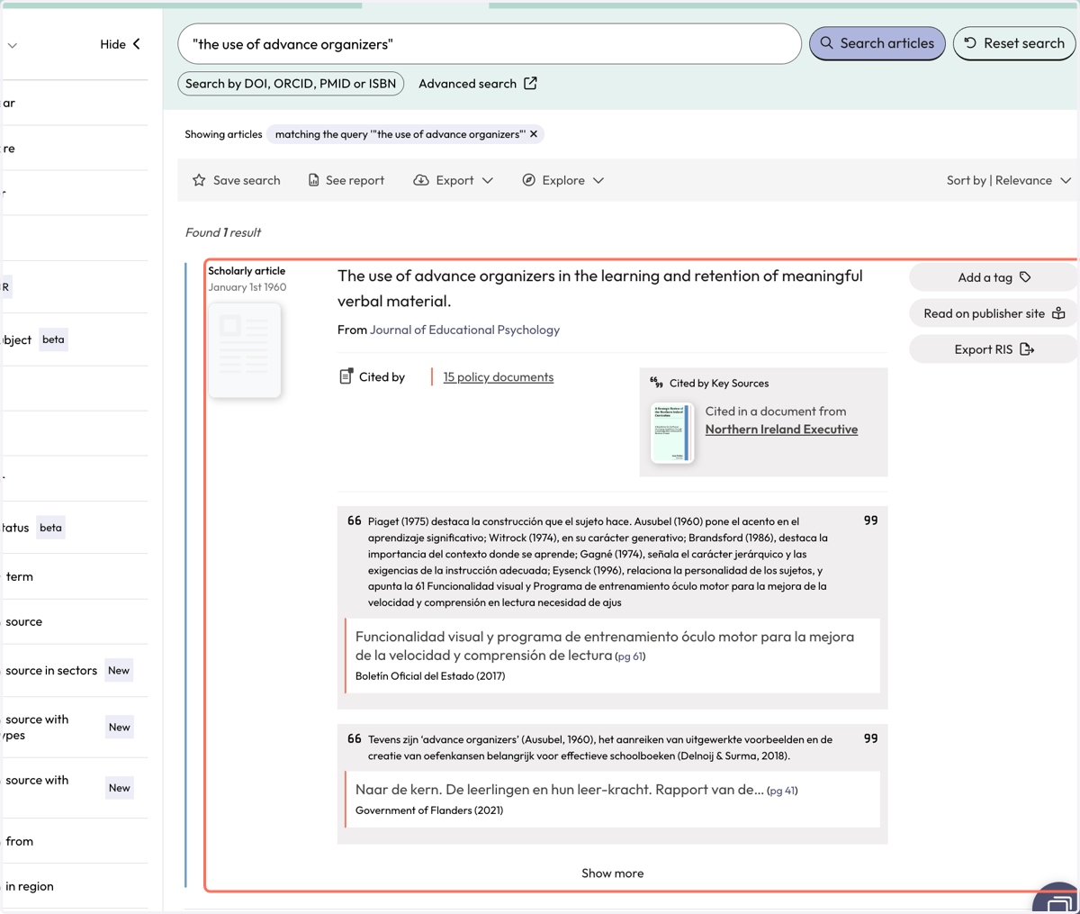 On the 'Scholarly Articles' page you will see a result for your publication if it has been cited in policy.