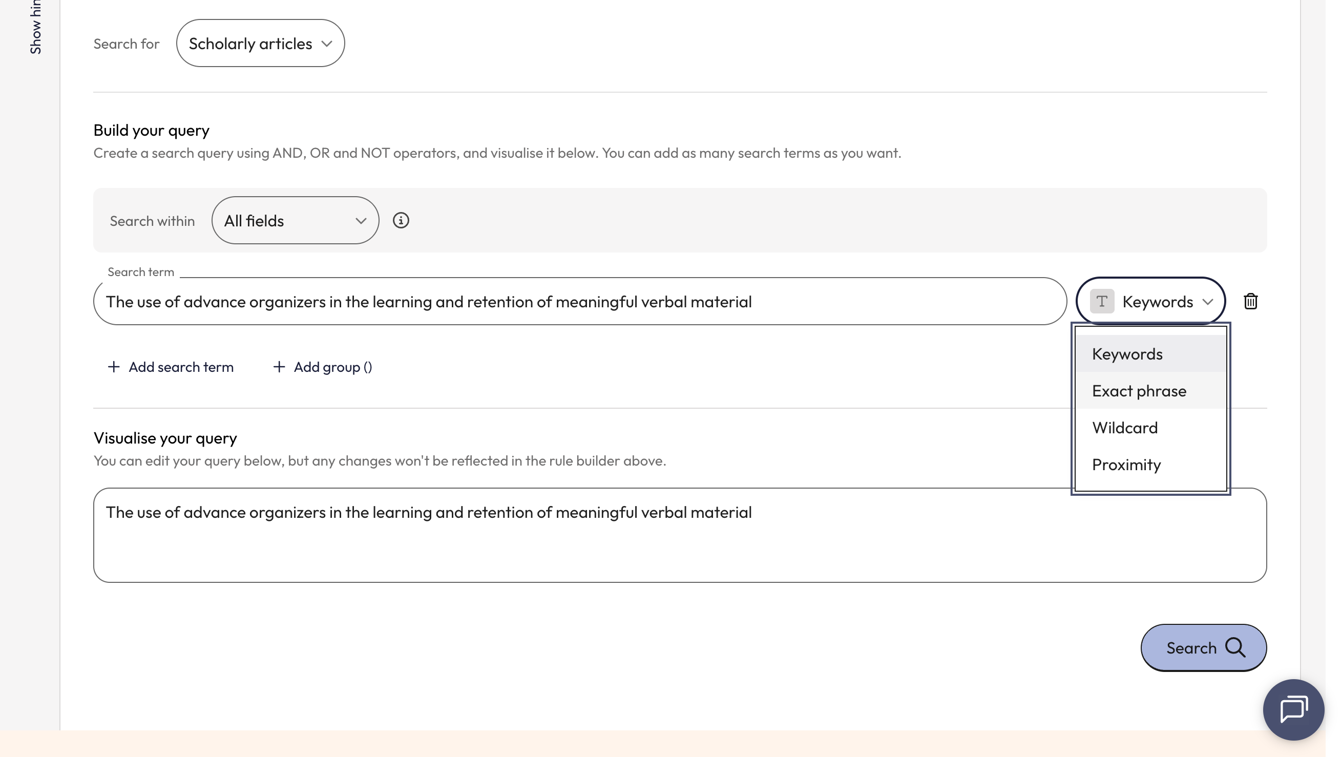 Click on 'Exact phrase' in the dropdown beside the search box. This search strategy is essential as it will ensure all the words in the title are searched in the exact order they are in.