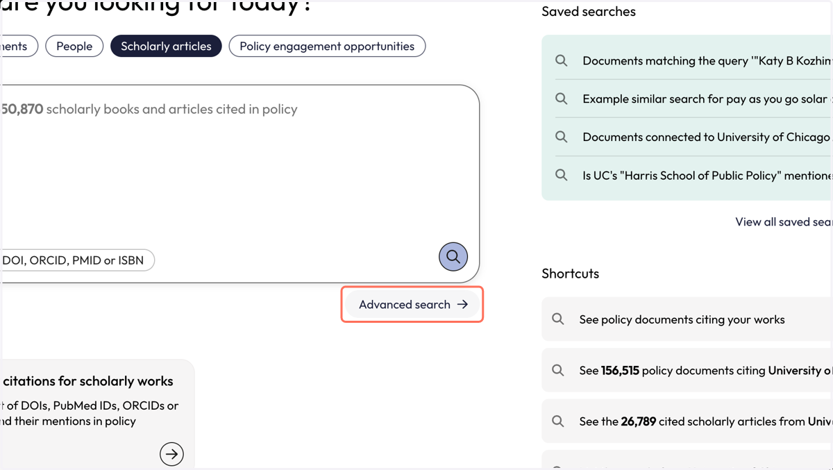 From the Start page, click on Advanced search'