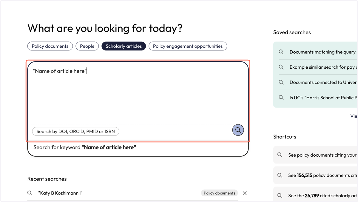 Enter the name of your article into the search box with quotation marks around the name (finds the exact title)