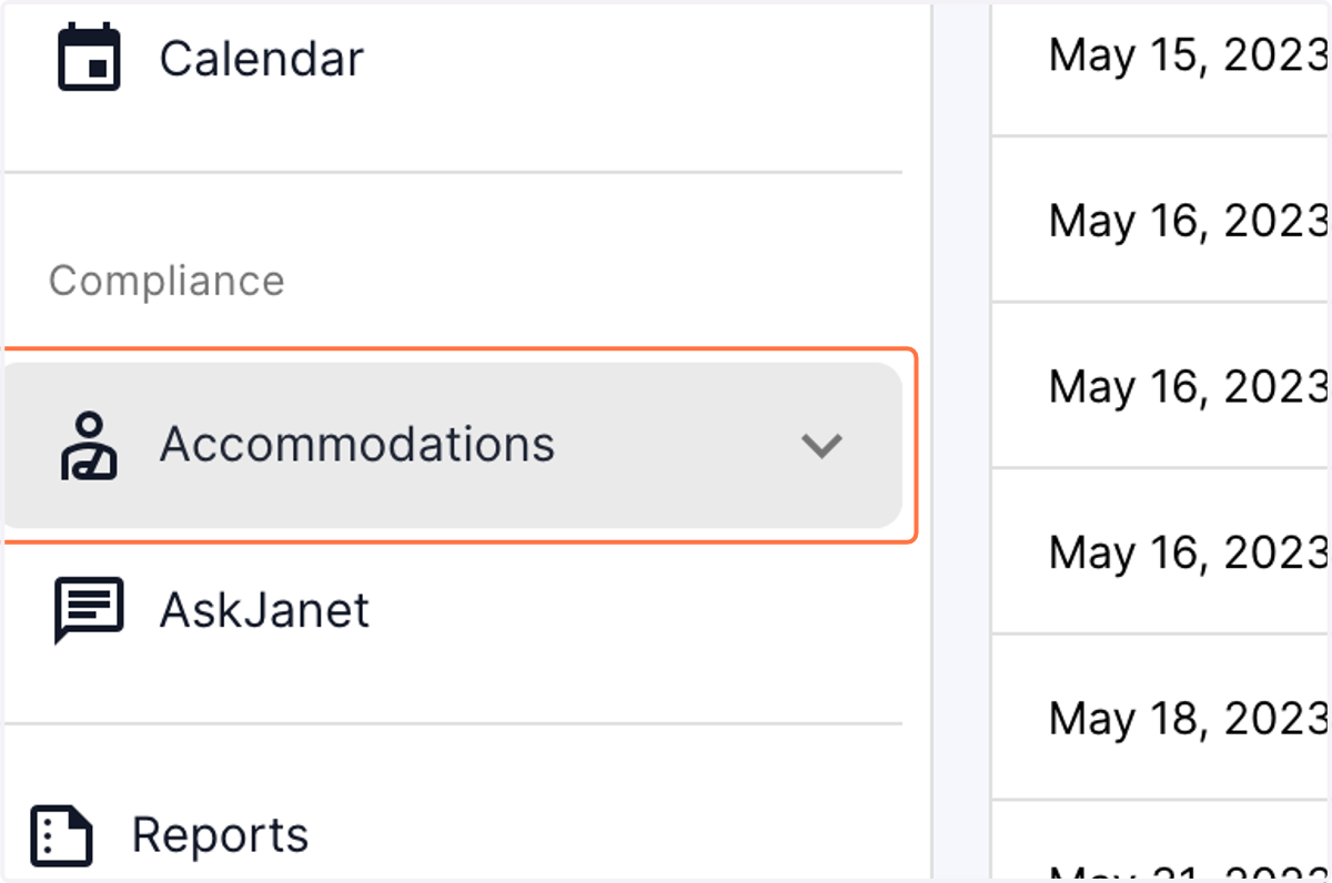 Click on the "Accommodations" menu in the Compliance section of the dashboard.