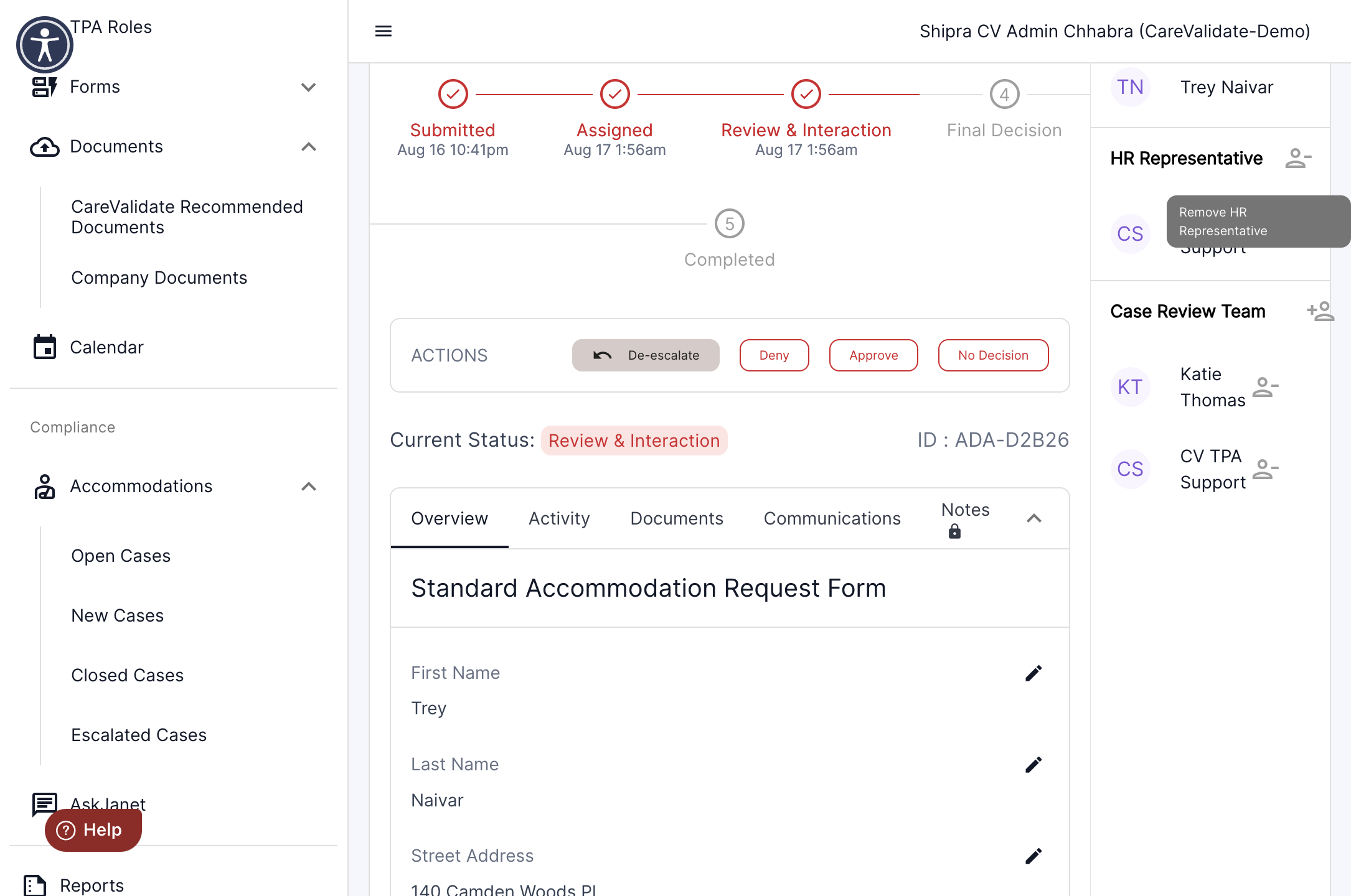 In the right panel, you will see the team assigned to a particular case. Click on Remove HR representative.