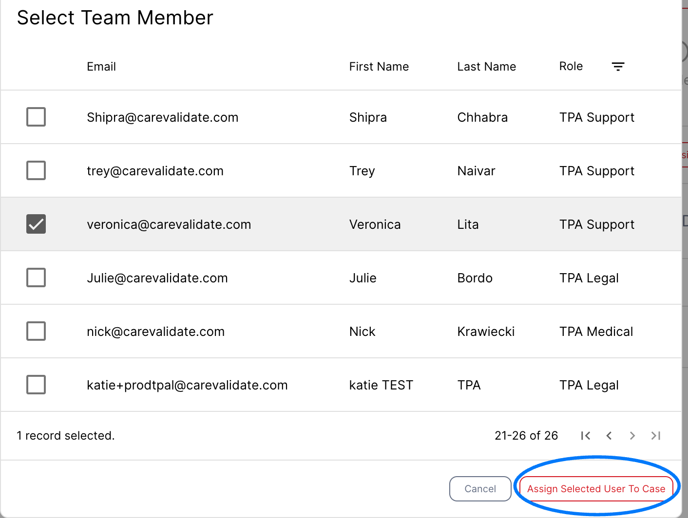 The Add person tab will automatically open the directory of employees with the specified roles. Select the desired employee and click on "assign selected employee" at the bottom right corner of the screen.
