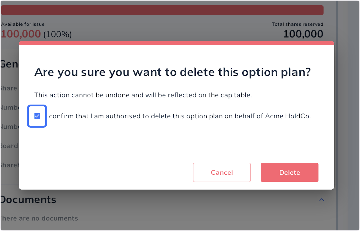Confirm you are authorised to delete the plan