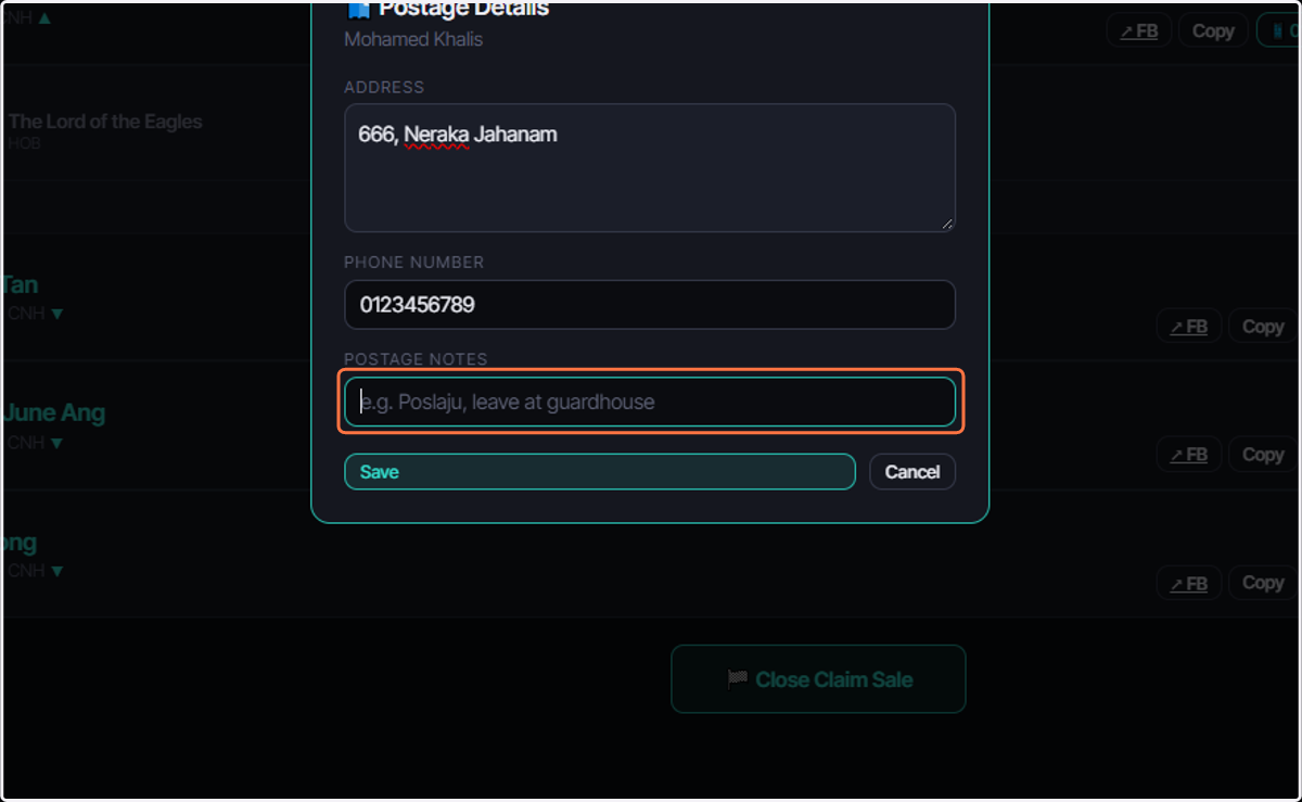 Click on POSTAGE NOTES