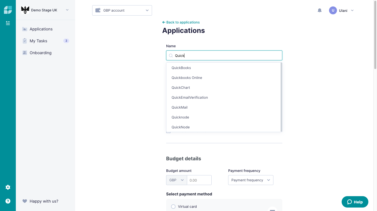 Type the name of your software, or how you'd like to call the app. Even if you don't see your software in the dropdown list, the app will be created regardless and we will match the app to a known SaaS provider once the first transaction comes throug