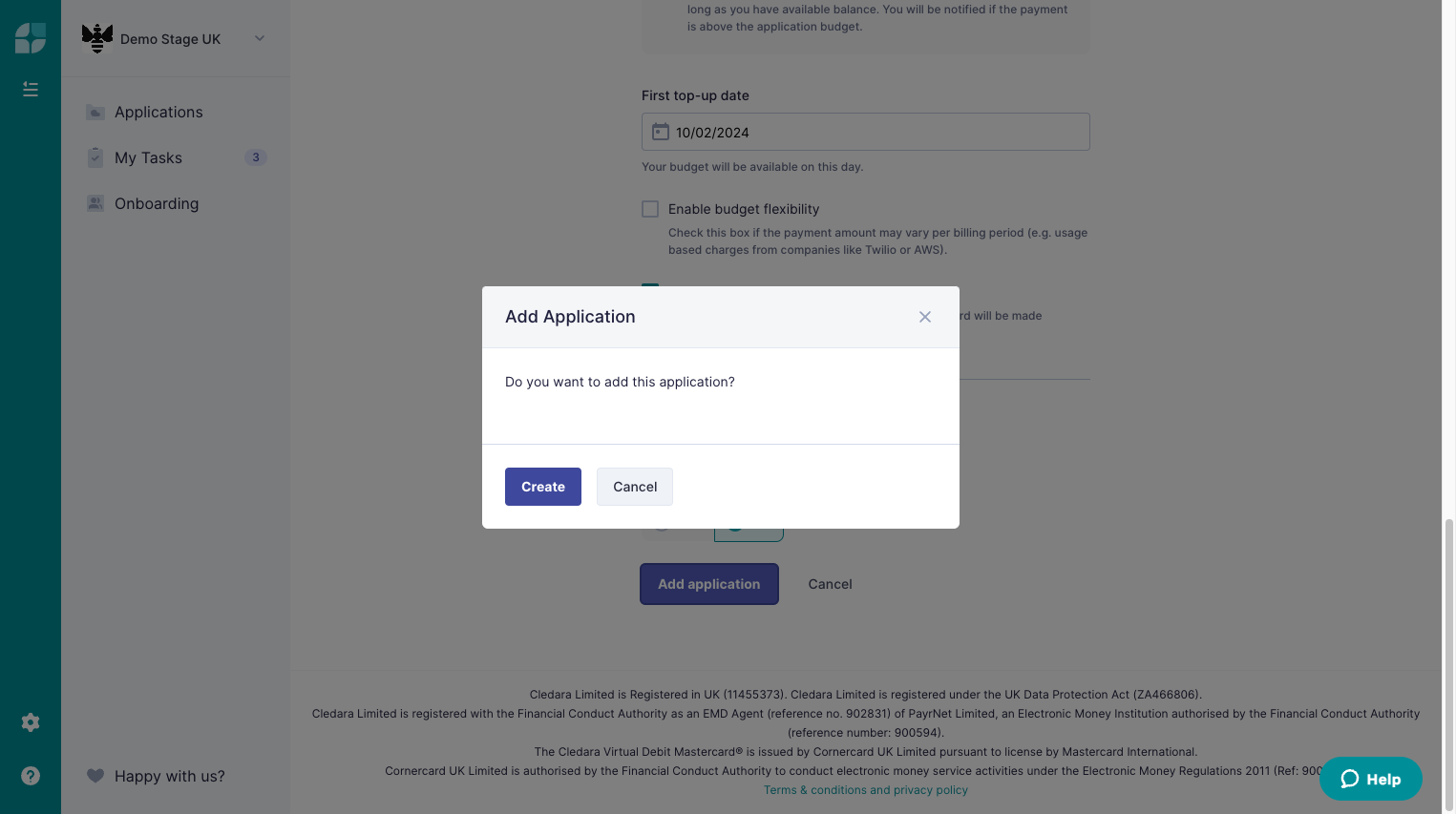 Finally, click on Add application, and on Create to confirm.
