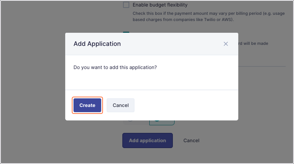 Finally, click on Add application, and on Create to confirm.