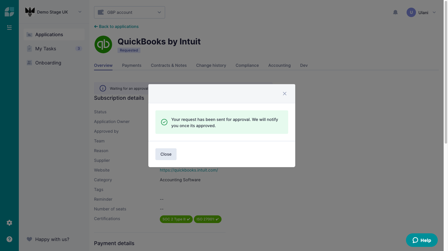 If Approval flow is enabled for your workspace, your request will be sent to your Approvers. Otherwise, your app will be created right away.
