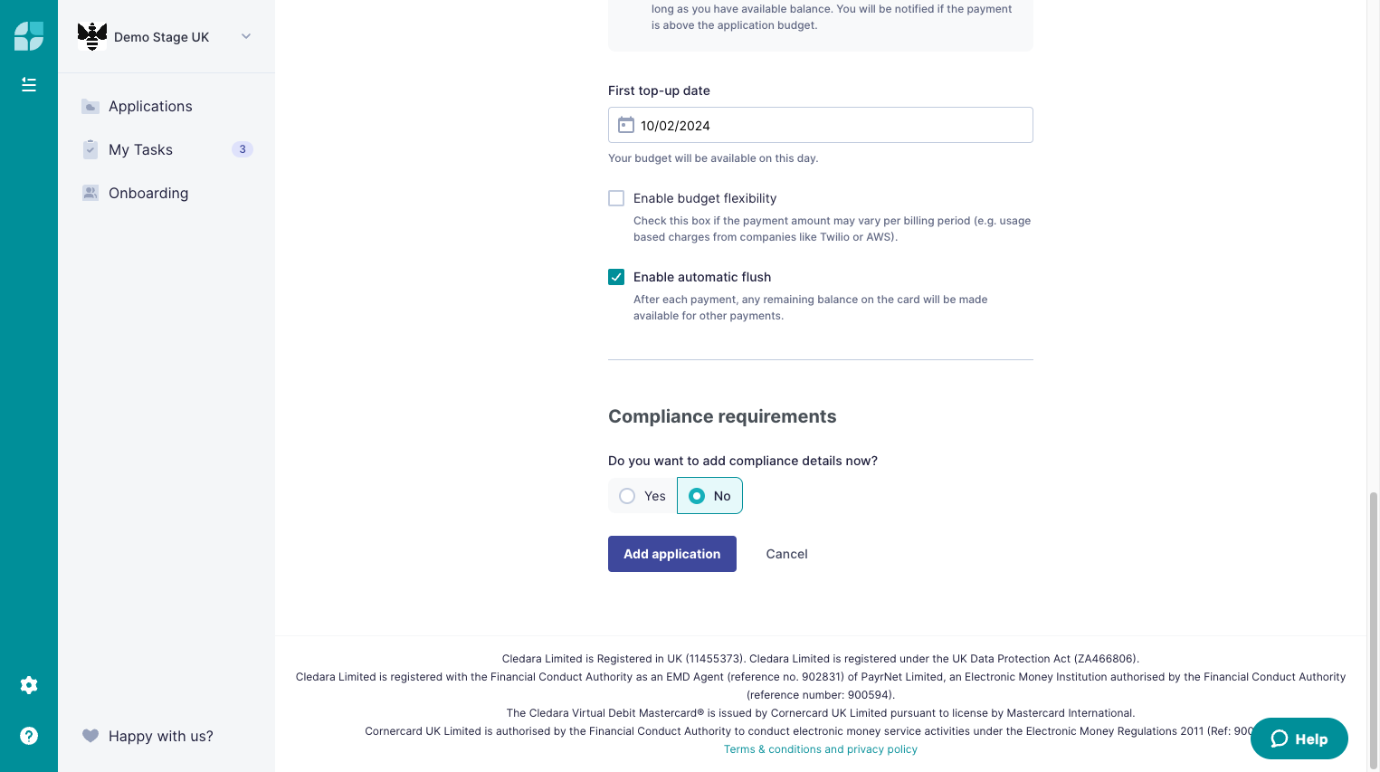 Click No to fill in the Compliance questionnaire later.
