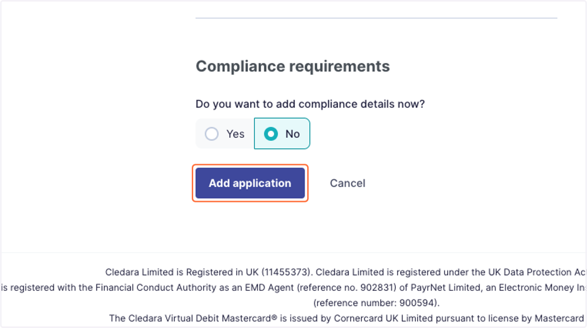 Click No to fill in the Compliance questionnaire later.