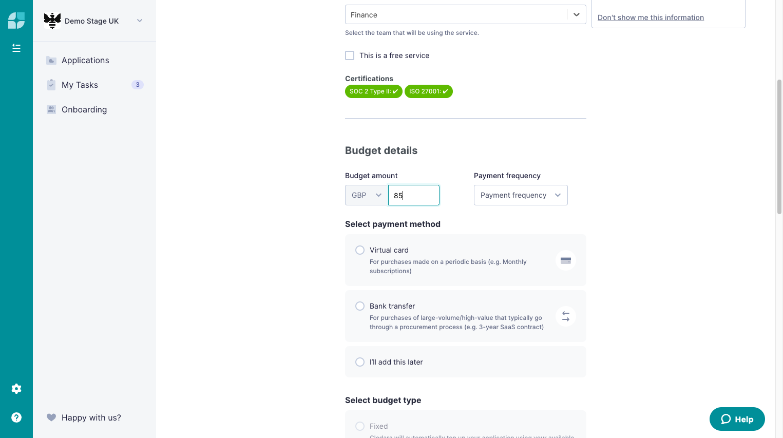 Select payment method. If Virtual card is selected, a new card will be generated once the application is approved and/or created.
