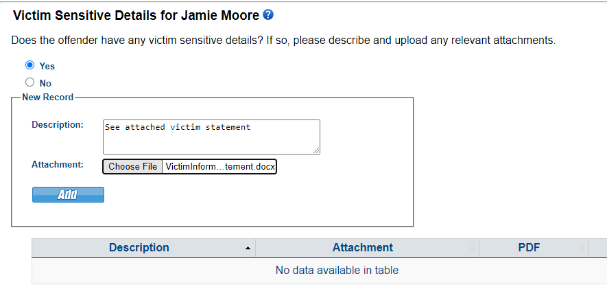 Provide the victim sensitive details.