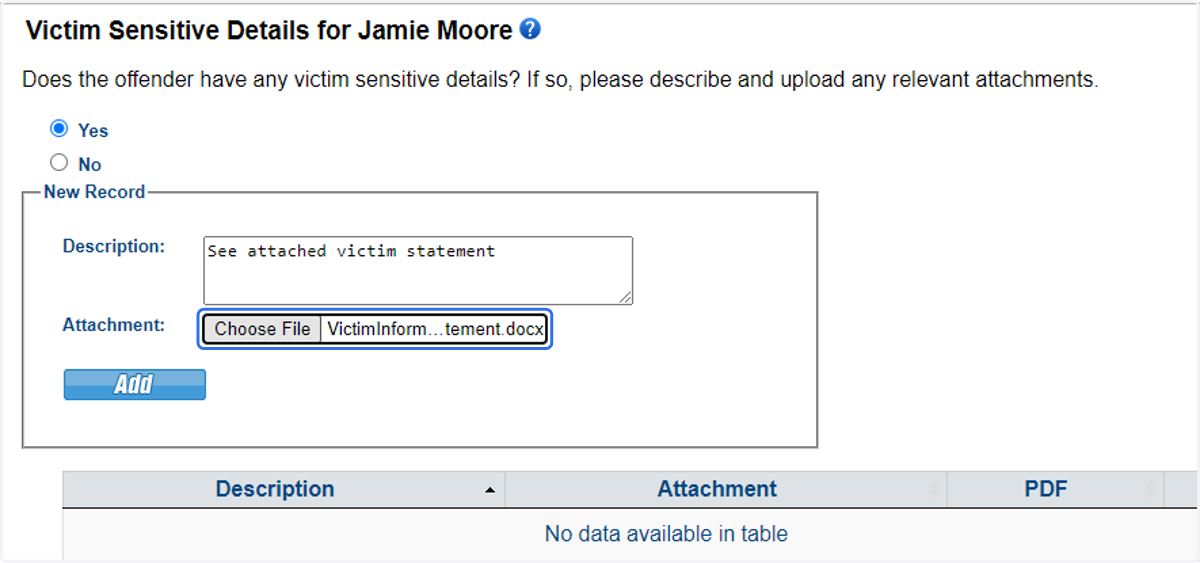 Provide the victim sensitive details.