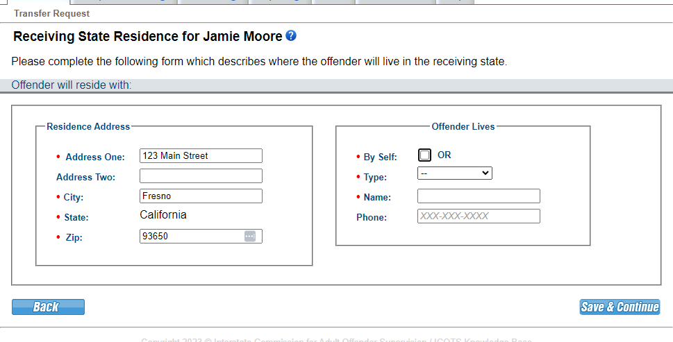 Indicate whether the individual transferring lives alone or with others.