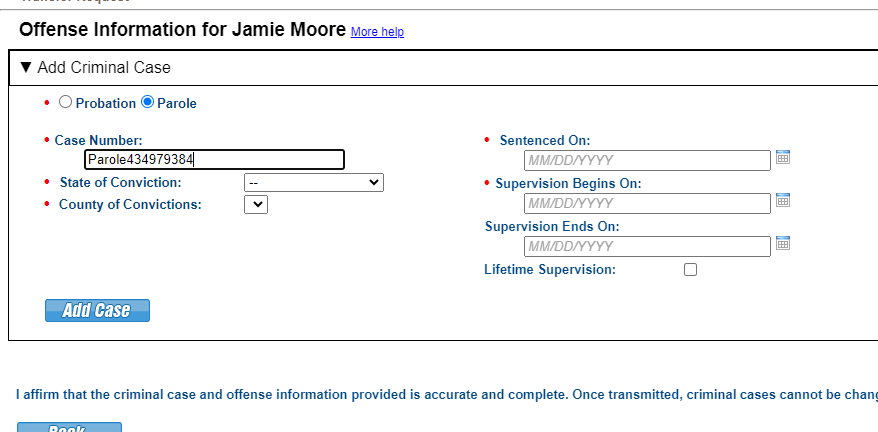 Provide supervision type, case details and supervision term.