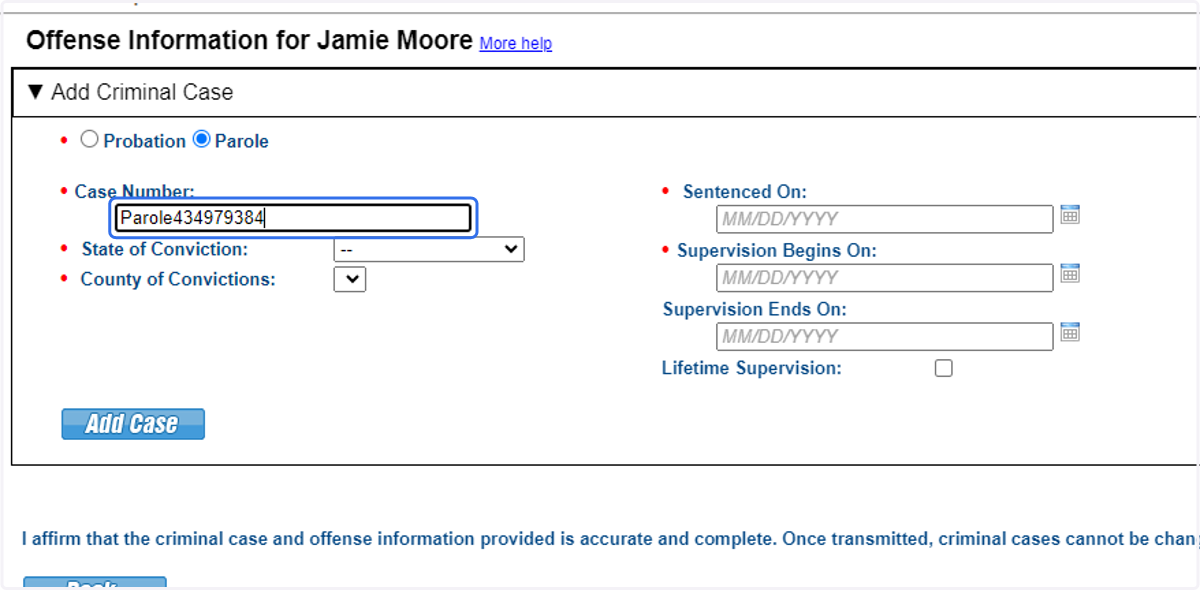 Provide supervision type, case details and supervision term.