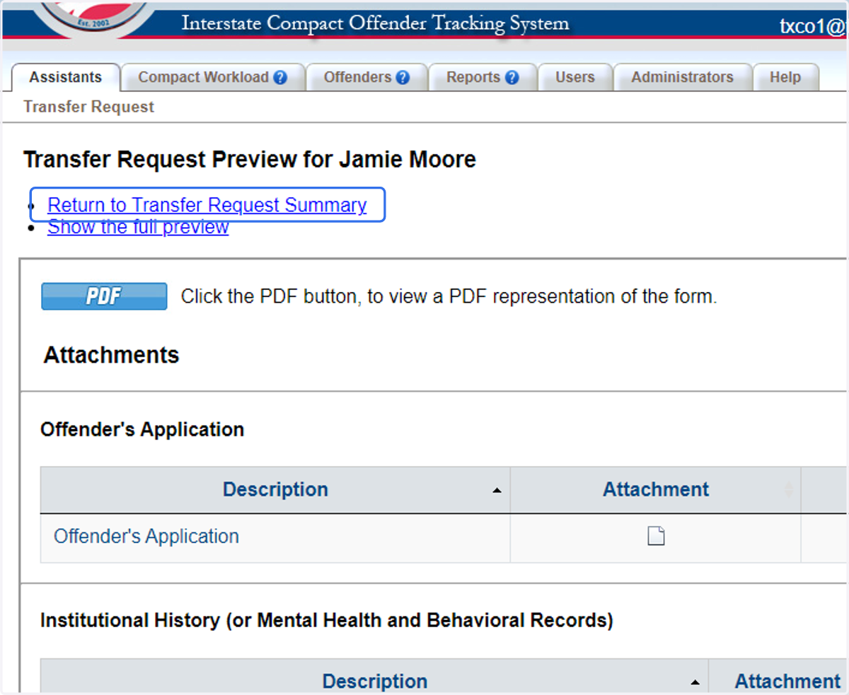 Return to the Transfer Request Summary to submit the transfer.