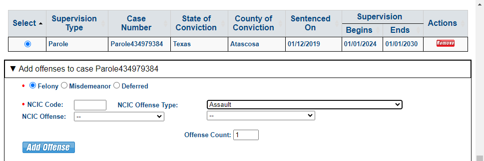 Add offense information. Note each case may also have multiple offenses. Enter the NCIC code if known or use the drop downs to the right to find the NCIC codes.