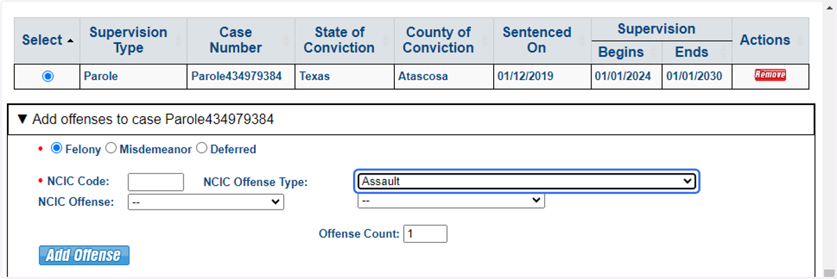Add offense information. Note each case may also have multiple offenses. Enter the NCIC code if known or use the drop downs to the right to find the NCIC codes.