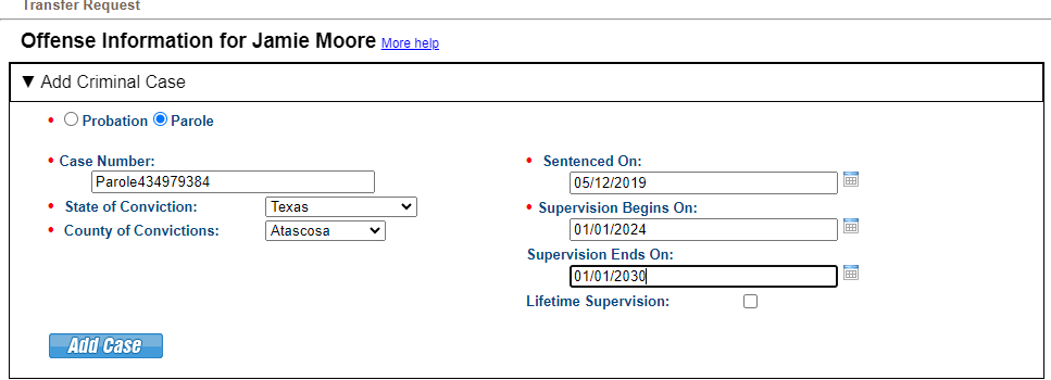 Provide supervision type, case details and supervision term.