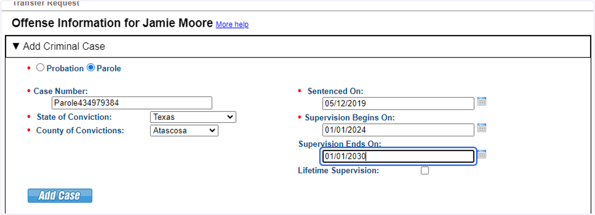 Provide supervision type, case details and supervision term.