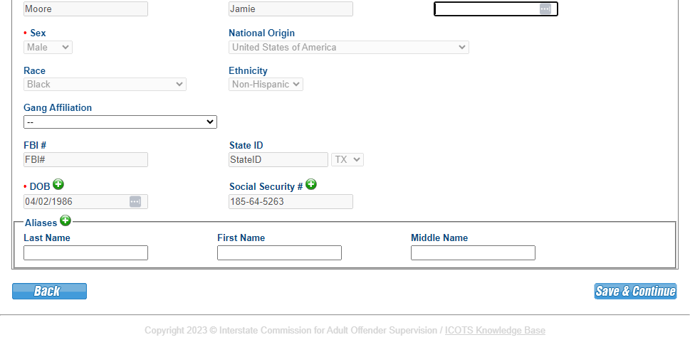 Clicking Save and Continue, a new profile record is created in ICOTS.