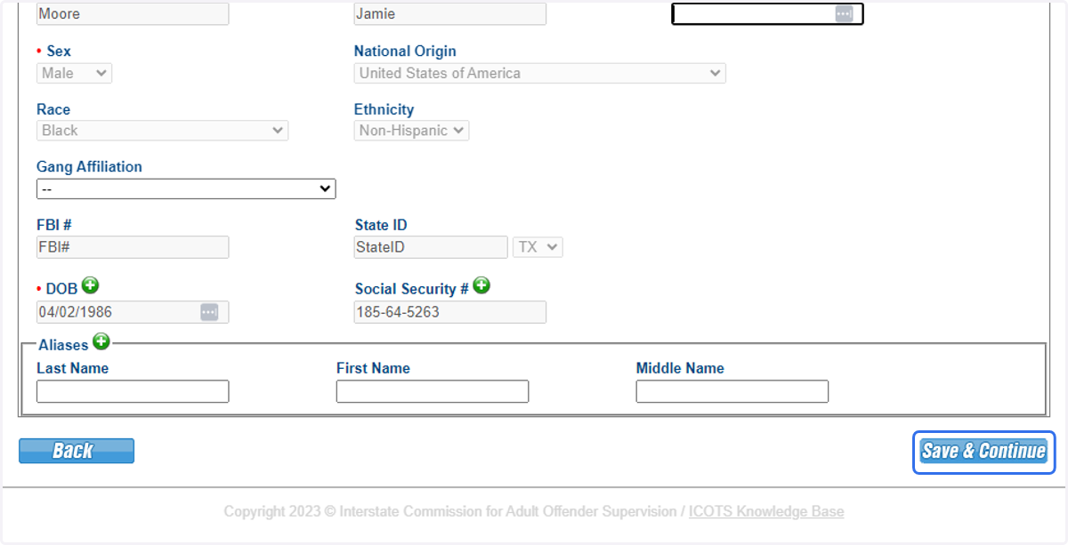 Clicking Save and Continue, a new profile record is created in ICOTS.