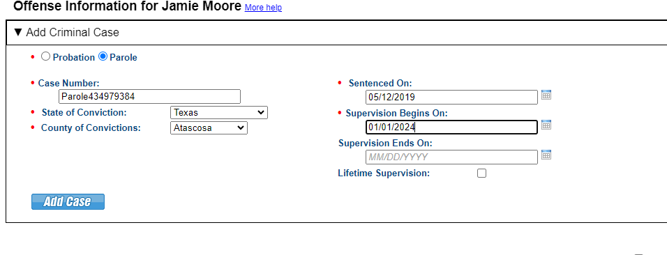 Provide supervision type, case details and supervision term.