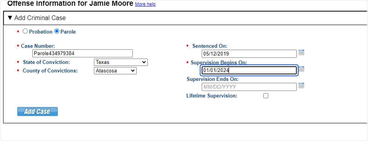 Provide supervision type, case details and supervision term.