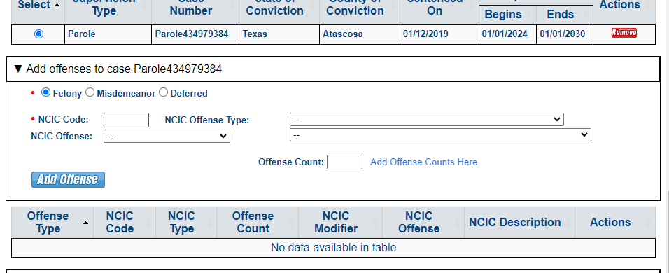 Choose offense type. Note each case may also have multiple offenses. Repeat steps after entering each offense or add an offense count if conviction of multiple counts of a specific offense.