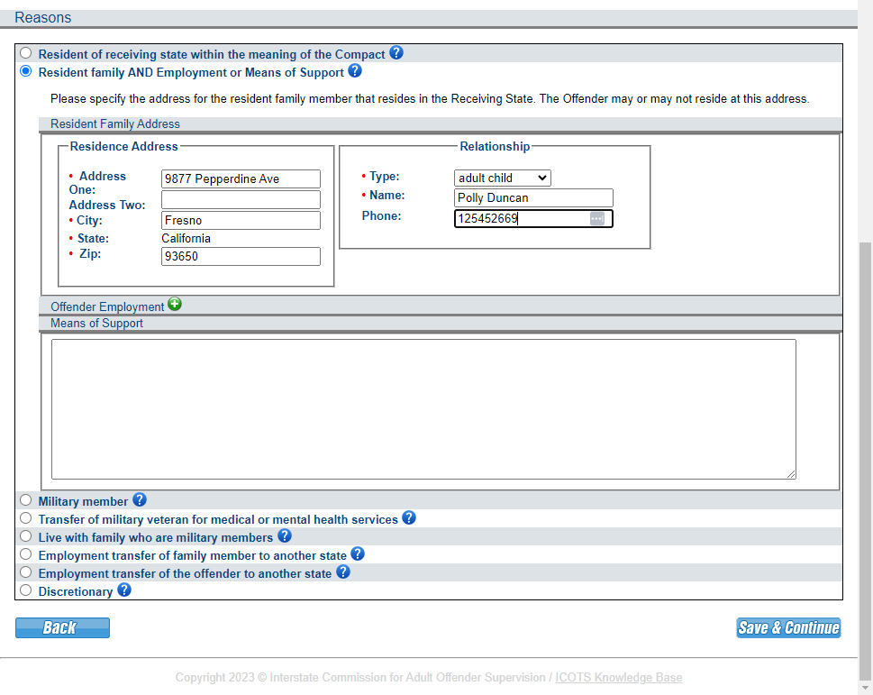 Provide contact information for the qualifying resident family member.