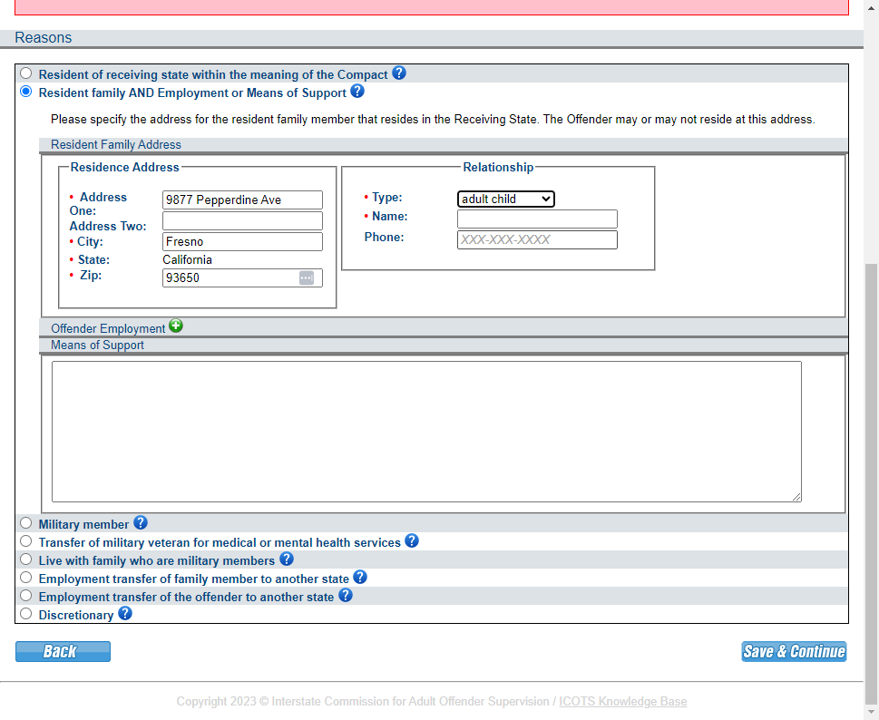 Provide contact information for the qualifying resident family member.